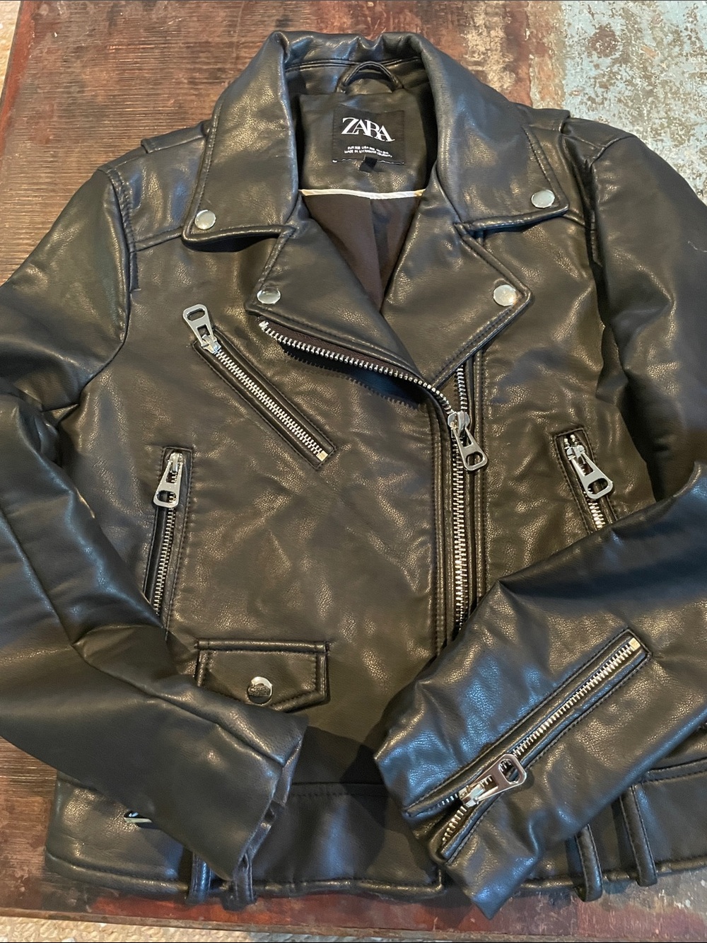 ZARA Black Faux Leather Biker Jacket with Silver Hardware